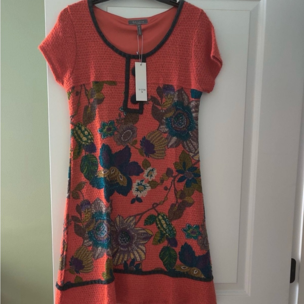 Gracia Fall Patterned Textured Orange With Multi Color Flowers Dress Size M